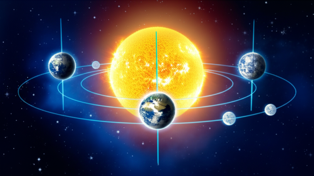 Астрономическая схема, объясняющая равноденствия и солнцестояния через наклон оси вращения Земли и ее орбиту вокруг Солнца.