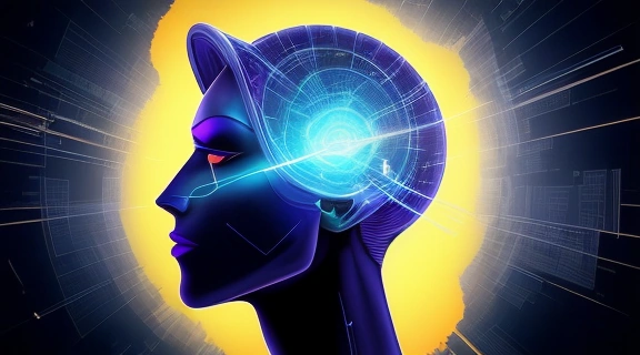 Абстрактная иллюстрация, символизирующая 10 ловушек сознания, с элементами, изображающими когнитивные искажения вокруг человеческого разума и путь к ясности мышления.