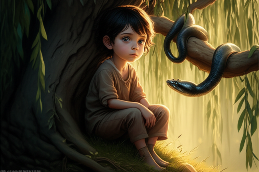 Мудрый ребенок рожденный в год черной змеи сидит под деревом рядом со своим символом-покровителем