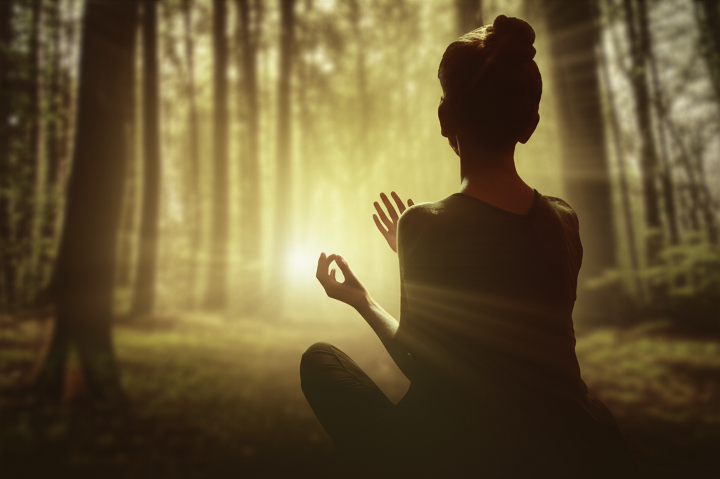 Человек медитирует в лесу, используя рейки путь к себе для обретения внутренней гармонии.