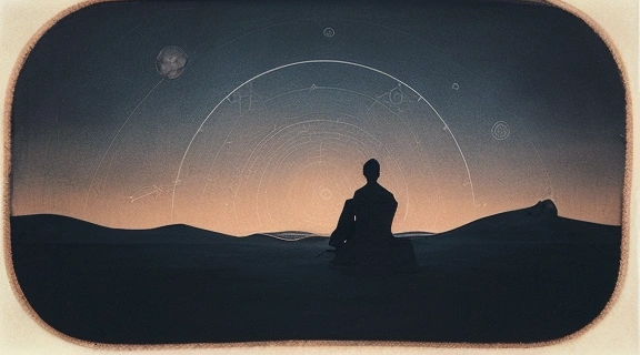 Загадочное ночное небо с планетами, демонстрирующими ретроградное движение планет, и одинокая фигура, созерцающая космос, символизируя интроспекцию и переосмысление.