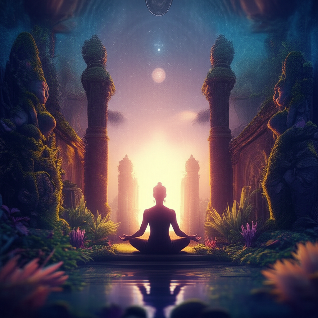 Изображение медитирующего человека в мистическом саду, символизирующее влияние ретроградный Юпитер в 12 доме духовность на внутренний мир и духовный рост.