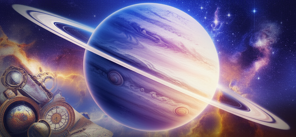 Мистическое изображение, символизирующее ретроградный Юпитер в 9 доме, на фоне звездного неба и древних свитков.