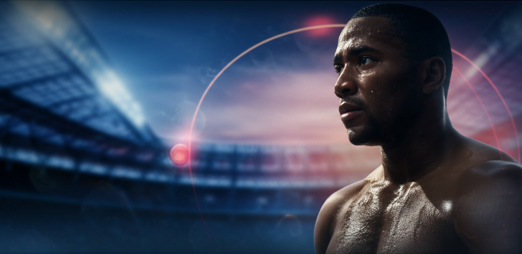 Спортсмен в состоянии глубокого размышления на фоне футуристического стадиона, символизирующего влияние ретроградный Марс и спорт на его внутреннюю энергию и стратегию.