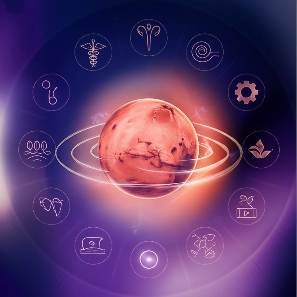 Иллюстрация, символизирующая влияние ретроградный Марс в 6 доме здоровье на благополучие человека через ежедневные ритуалы и внутренние конфликты.