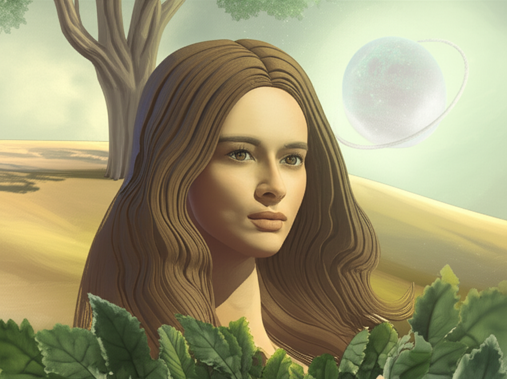 Изображение демонстрирует спокойную женщину-Тельца, окруженную символами стабильности и земли, на фоне ретроградного Меркурия, подсказывающее ретроградный Меркурий для Тельца что делать.