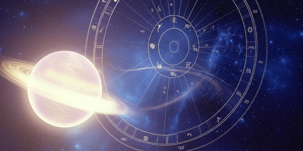 Иллюстрация, демонстрирующая взаимодействие ретроградного Меркурия и натальной карты, где планета Меркурий светится на фоне старинного астрологического гороскопа.