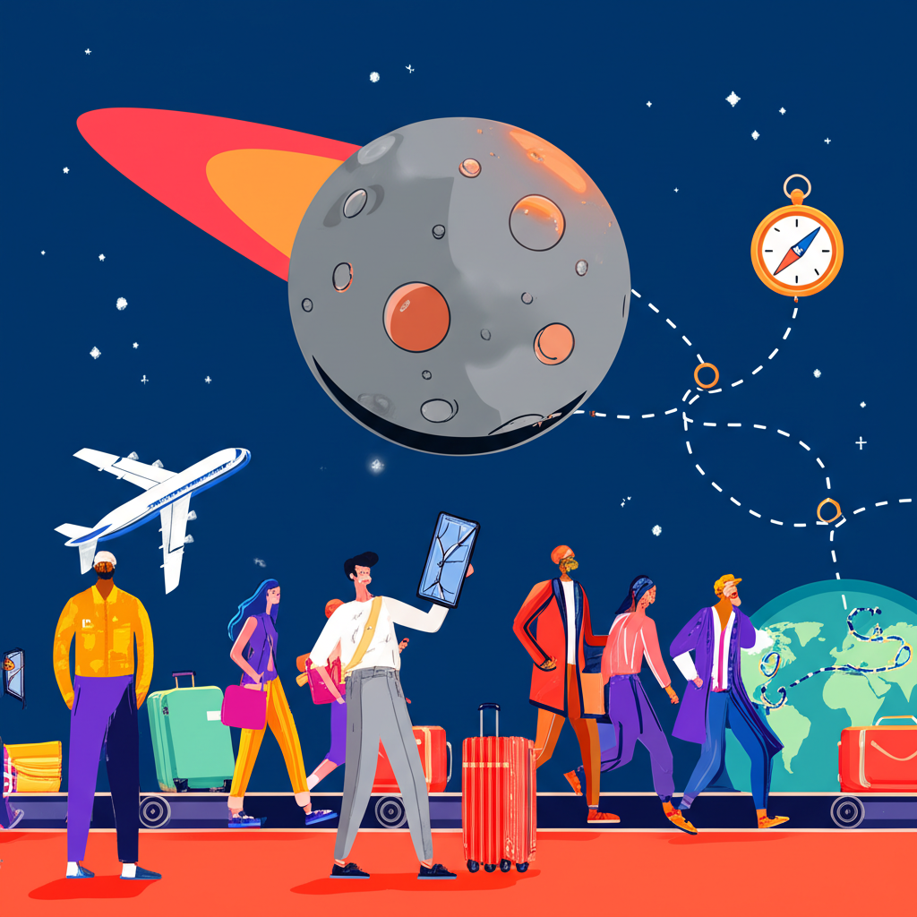 Иллюстрация, показывающая хаос, связанный с темой ретроградный Меркурий и отмена поездок, с элементами астрологии и путешествий.