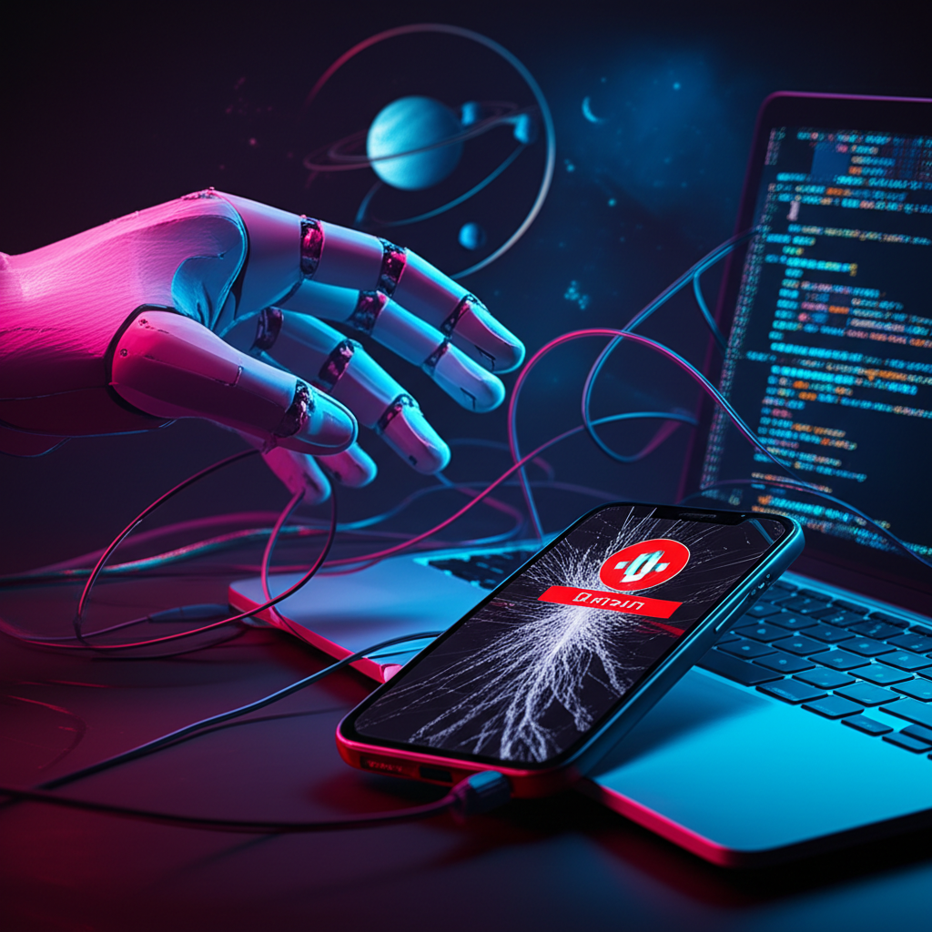 Изображение, символизирующее хаос, когда ретроградный Меркурий и техника дают сбой, с искрящимися проводами и замешательством.