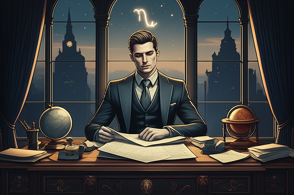 Изображение демонстрирует человека, сосредоточенно изучающего карты и документы за столом, с легким намеком на астрологические символы, что идеально иллюстрирует влияние ретроградный Меркурий у Козерога и карьера.