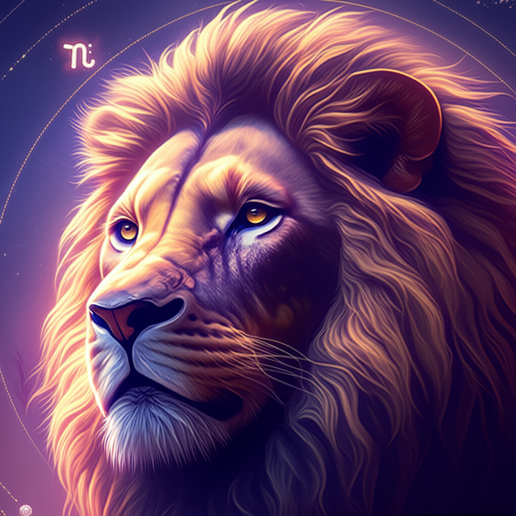 Величественный лев в задумчивой позе на фоне космических вихрей, символизирующий ретроградный Меркурий у Льва как вести себя в период перемен и самоанализа.