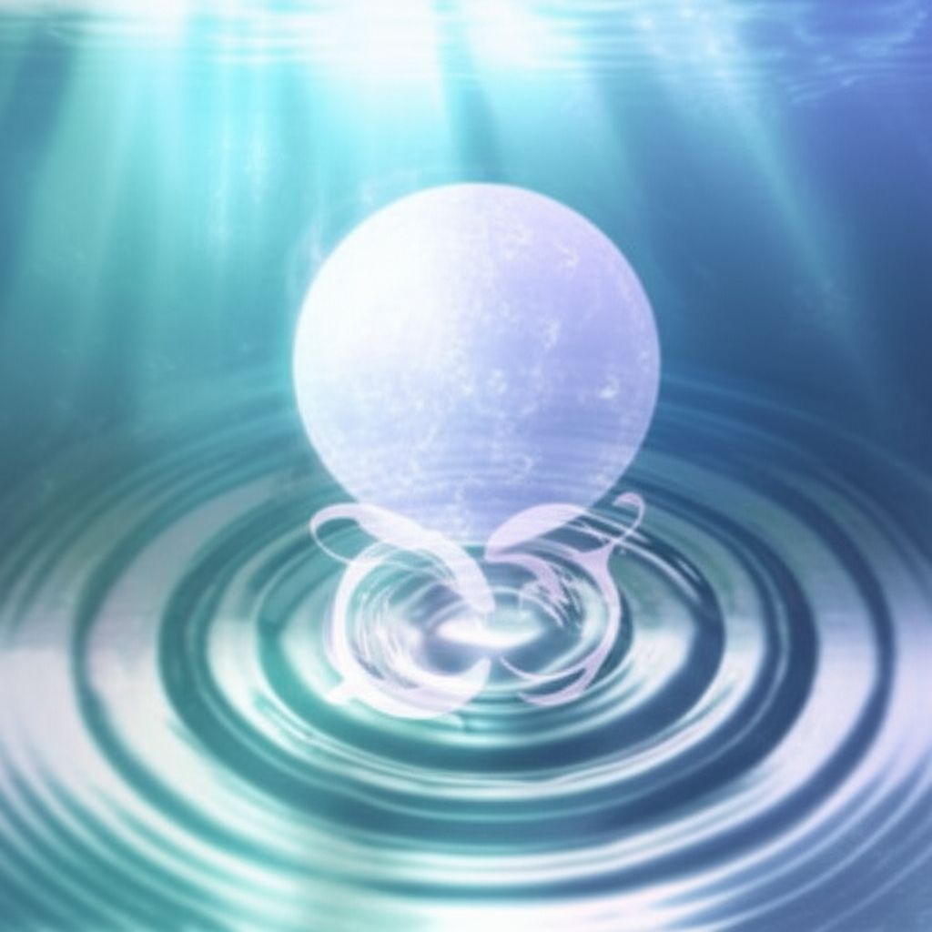 Мистическая подводная сцена, отражающая тему «ретроградный Меркурий у Рыб и интуиция», с силуэтами рыб и эфирной планетой.