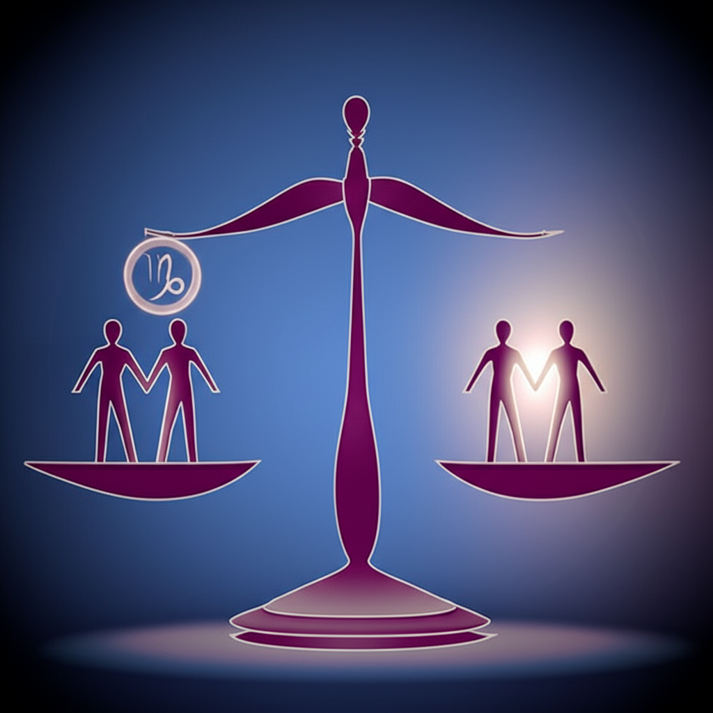 Изображение символизирует ретроградный Меркурий у Весов и отношения: весы, слегка выведенные из равновесия, с абстрактными фигурами, держащимися за руки, на одной чаше и сияющим светом на другой, на фоне космических тонов, передающее атмосферу переосмысления и поиска баланса.