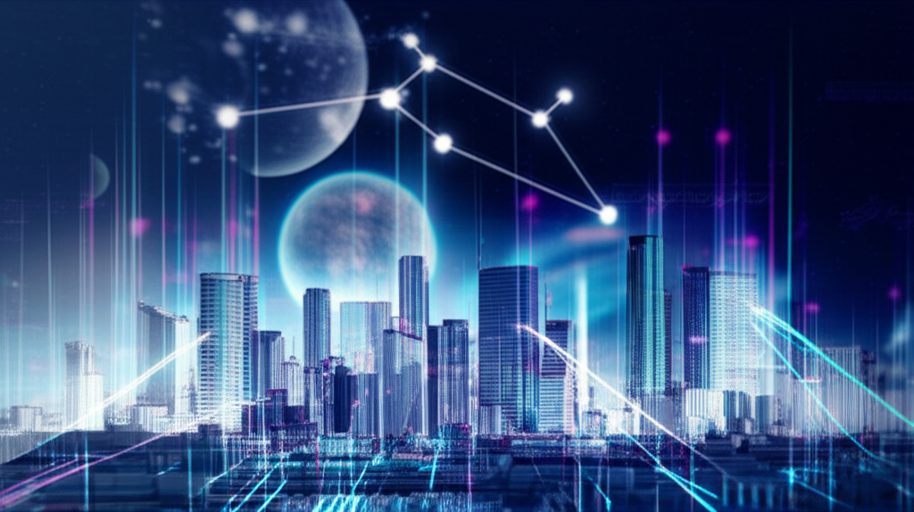 Футуристический город под небом, где ретроградный Меркурий у Водолея и технологии проявляются как сбои в сети и новые идеи.