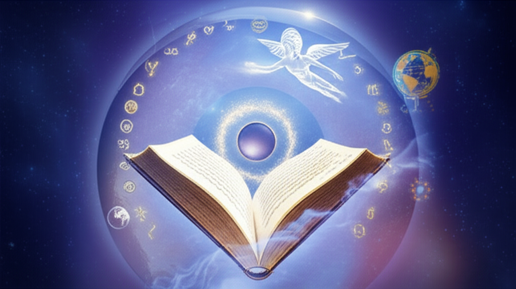 Сюрреалистическое изображение, символизирующее ретроградный Меркурий в 9 доме, с планетой, движущейся назад, на фоне открытой книги и глобуса, окруженных космической пылью и символами мудрости.