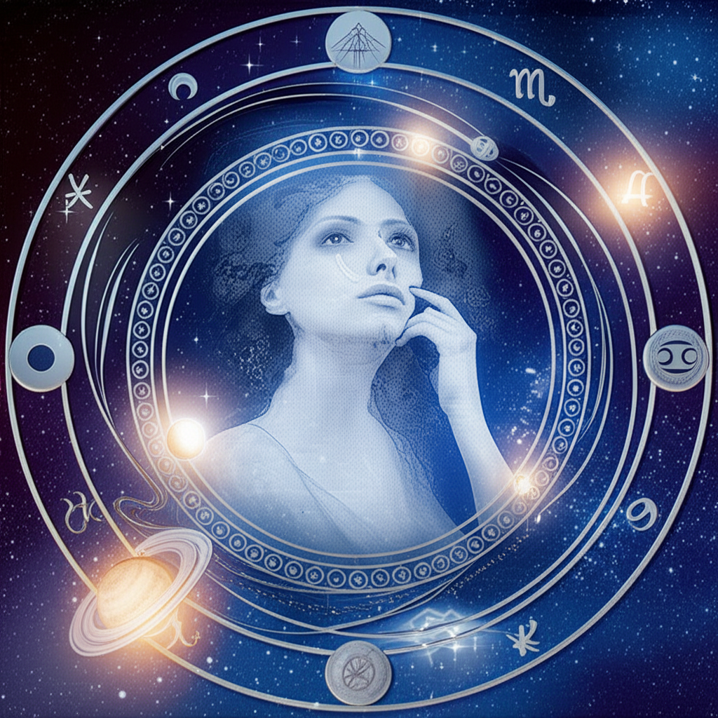 Задумчивая женщина, окруженная астрологическими символами, символизирующими ретроградный Меркурий в натальной карте у женщин.