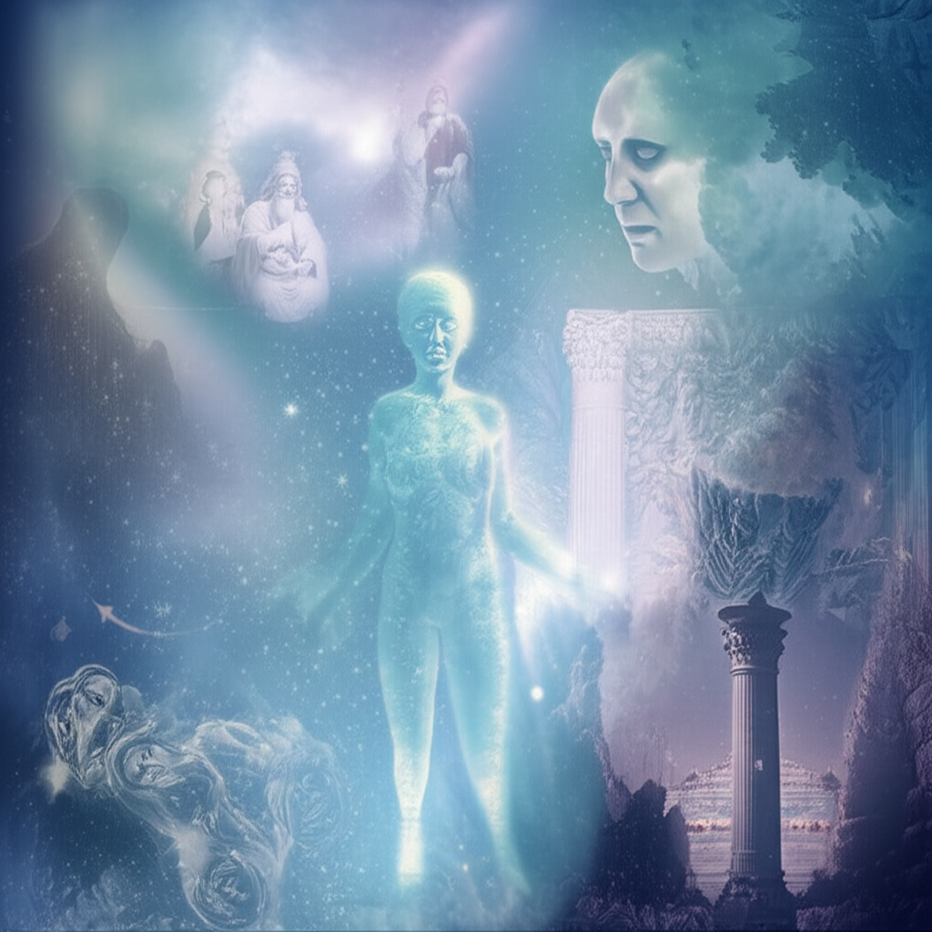 Сюрреалистическая сцена, где эфирная фигура плавает среди растворяющихся иллюзий, символизируя ретроградный Нептун в 12 доме иллюзии.