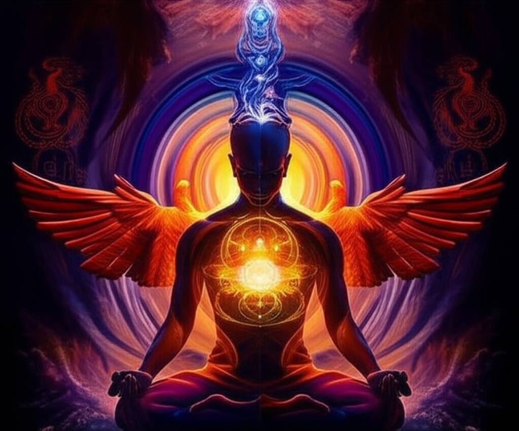 Мистическое изображение человека, погруженного в глубокую медитацию, окруженного энергиями трансформации, символизирующими ретроградный Плутон в натальной карте сила, ведущая к внутреннему возрождению.