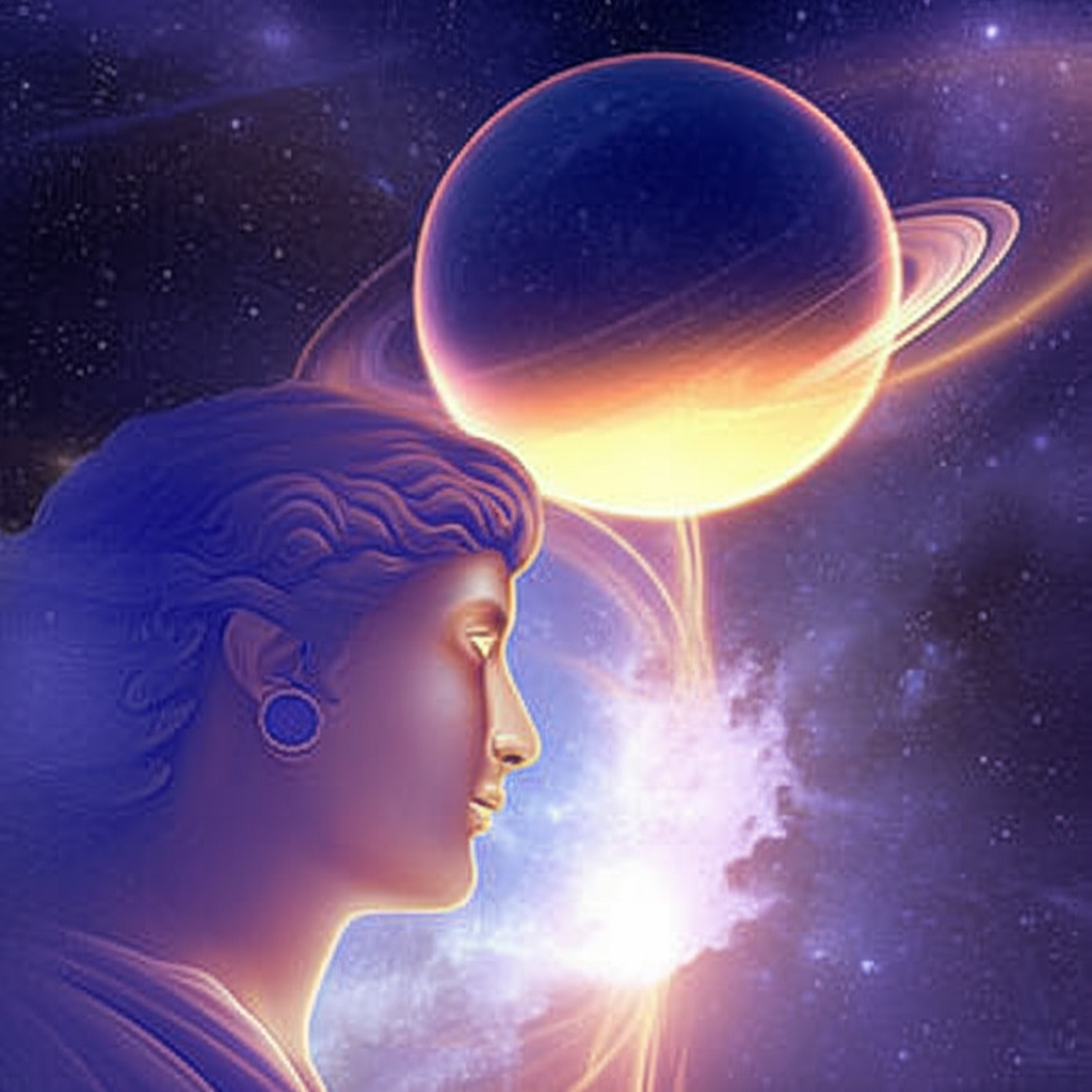 Изображение демонстрирует ретроградный Сатурн и кармические уроки, изображая планету Сатурн, излучающую мистическое свечение, над медитирующей фигурой, символизируя глубокое самопознание и проработку жизненных уроков.