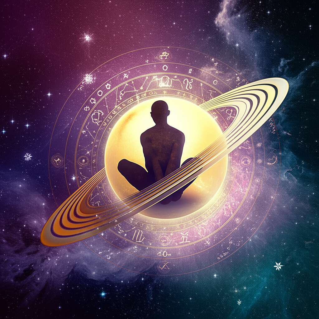 Изображение демонстрирует человека в окружении космических элементов и колец Сатурна, символизирующее глубокую внутреннюю работу и осмысление ответственности, связанной с положением ретроградный Сатурн в натальной карте ответственность.