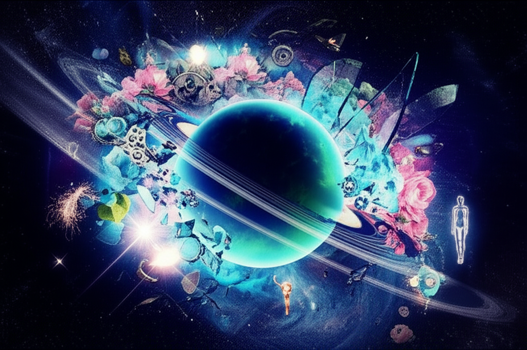 Изображение демонстрирует ретроградный Уран и неожиданные события, символизируя космические трансформации и внезапные перемены.