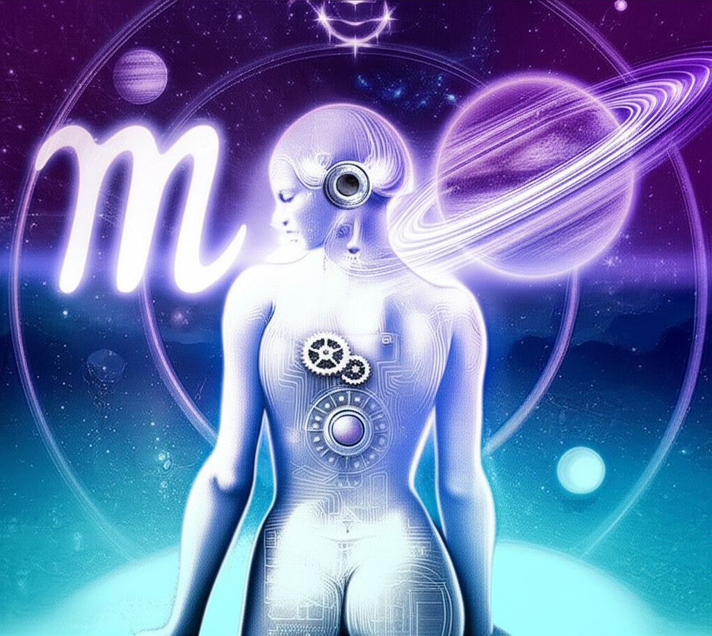 Символическое изображение личности, интроспективно осмысливающей свою уникальность, с элементами космоса и ретроградного Урана на заднем плане, что отражает влияние ретроградный Уран в 1 доме личность.