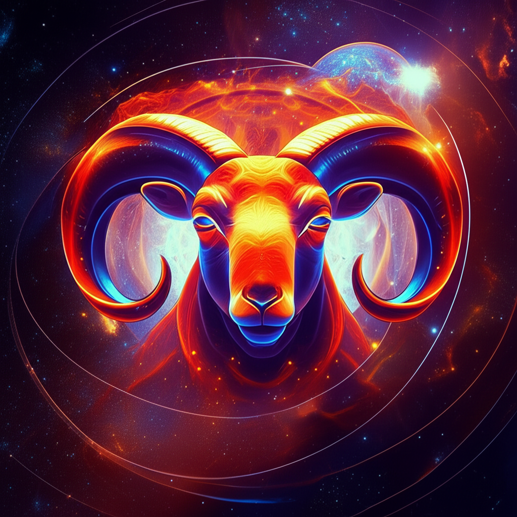 Сюрреалистическая иллюстрация, изображающая ретроградный Уран в Овне: стилизованная голова барана в огненных тонах, окруженная светящимися орбитами и космическими элементами, символизирующая внутренние трансформации.