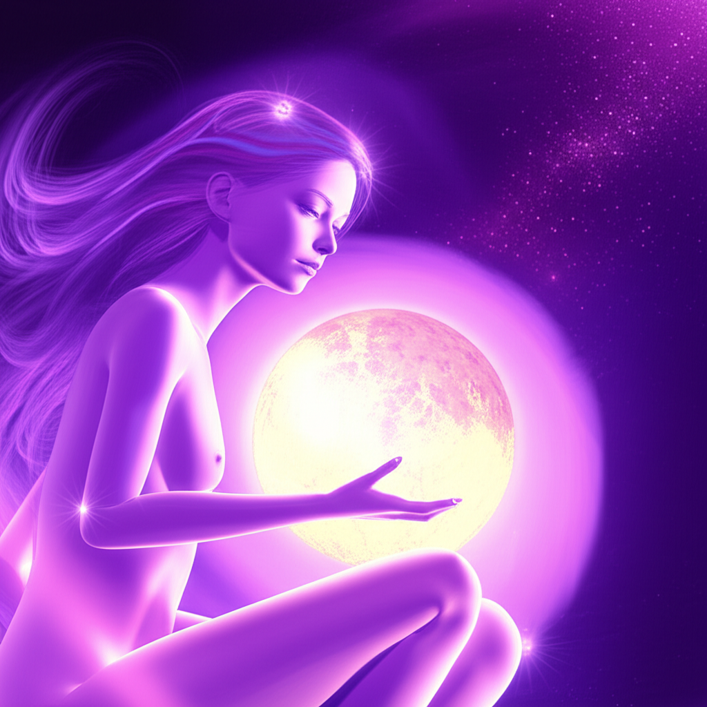 Задумчивая фигура держит ретроградный Венера в натальной карте, символизируя глубокое погружение в тему любви и отношений.