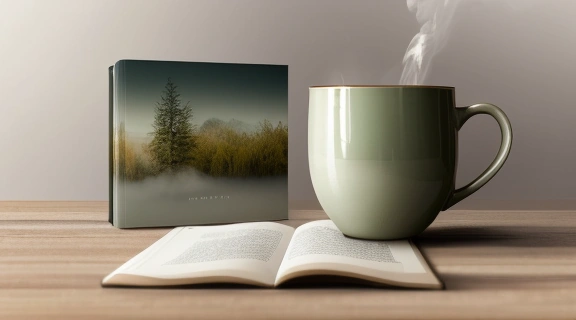 Изображение, символизирующее Рецепты от стресса: чашка травяного чая, зеленые растения и книга, создающие атмосферу спокойствия.