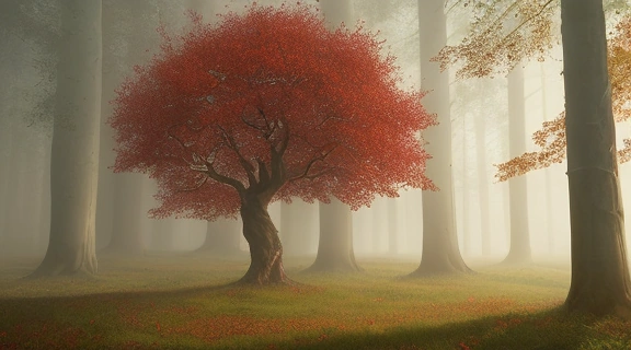 Рябина в мифологии славян: древнее дерево, усыпанное ярко-красными ягодами, на фоне туманного славянского леса, символизирующее защиту и связь с предками.