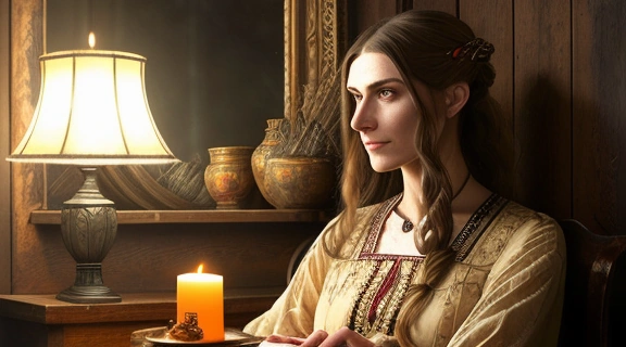 Молодая девушка гадает на ряженого суженого при свечах, всматриваясь в зеркала