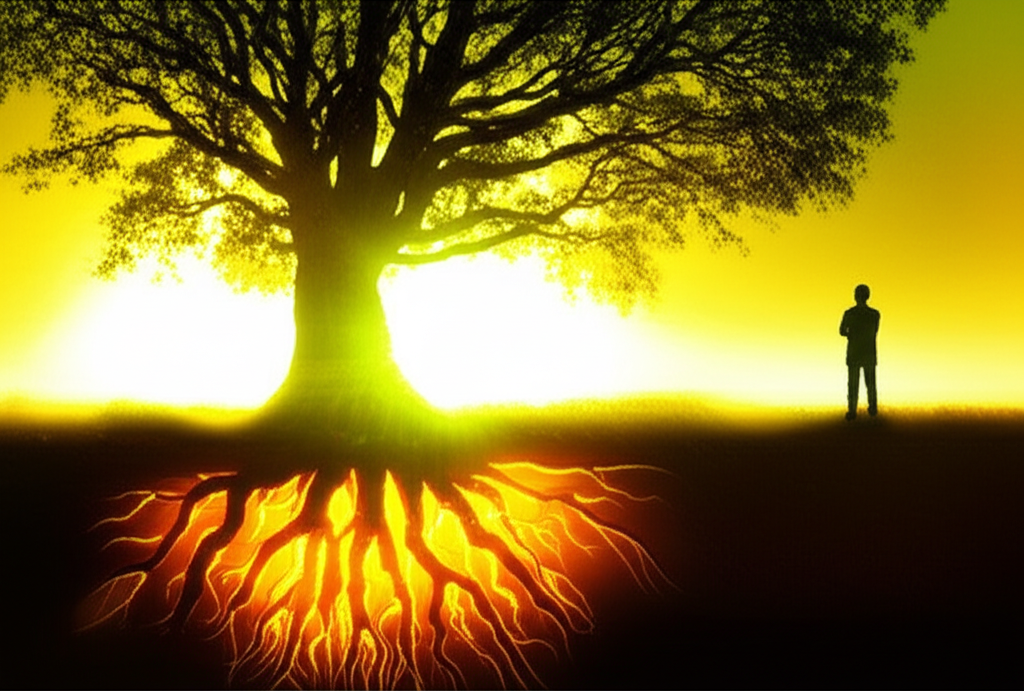 Символическое дерево, чьи светящиеся корни олицетворяют مفهوم родовая карма и связь с предками.