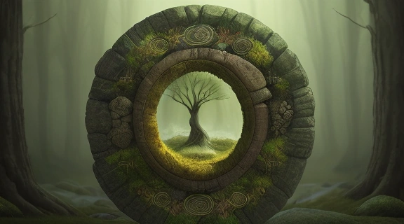 Древние рунические камни, излучающие мистический свет в туманном лесу, символизирующие Руническая магия и мудрость предков.