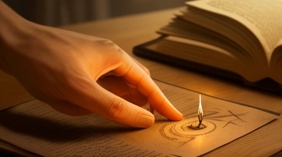 Руны руническое гадание: рука достает руну из мешочка на фоне свечей и трав, символизируя древний ритуал.