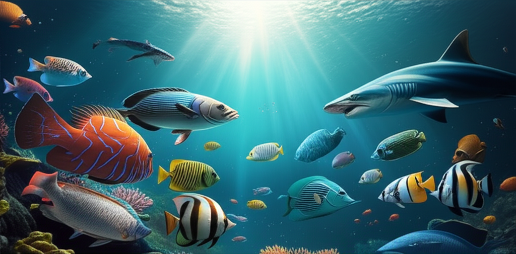 Изображение демонстрирует рыбы и их интуиция, когда стая неоновых тетр синхронно движется среди кораллов, уклоняясь от невидимой угрозы, подсвеченная мягкими лучами подводного света, пробивающимися сквозь толщу воды.