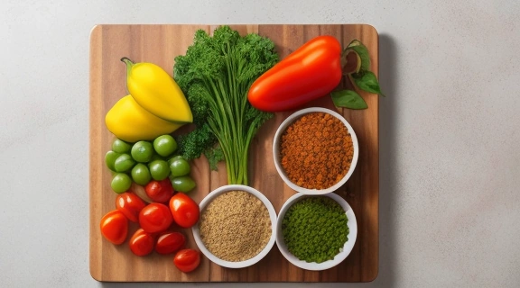 Разнообразные свежие овощи, фрукты, бобовые и злаки на деревянной доске, символизирующие богатство рациона для тех, кто начинает вегетарианство.