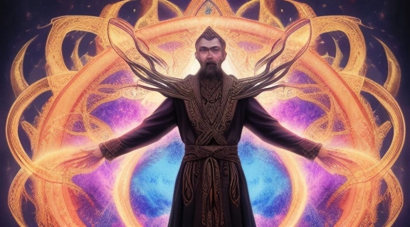 Иллюстрация, изображающая харизматичного лидера, окруженного мистическими символами разбитых сосудов и нисходящего света, отражающая учение саббатинианской каббалы.