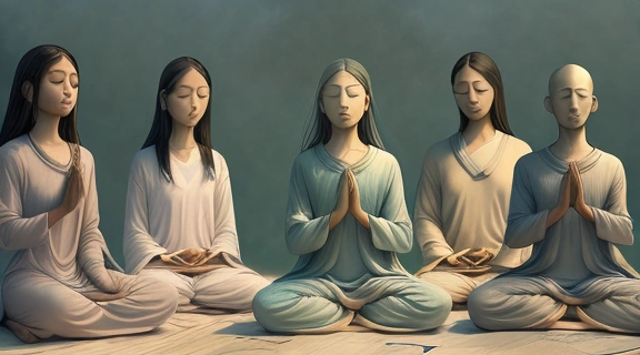 Группа людей медитирует в спокойной обстановке, символизируя гармонию и внутренний покой, достигаемые через Сахаджа йогу.