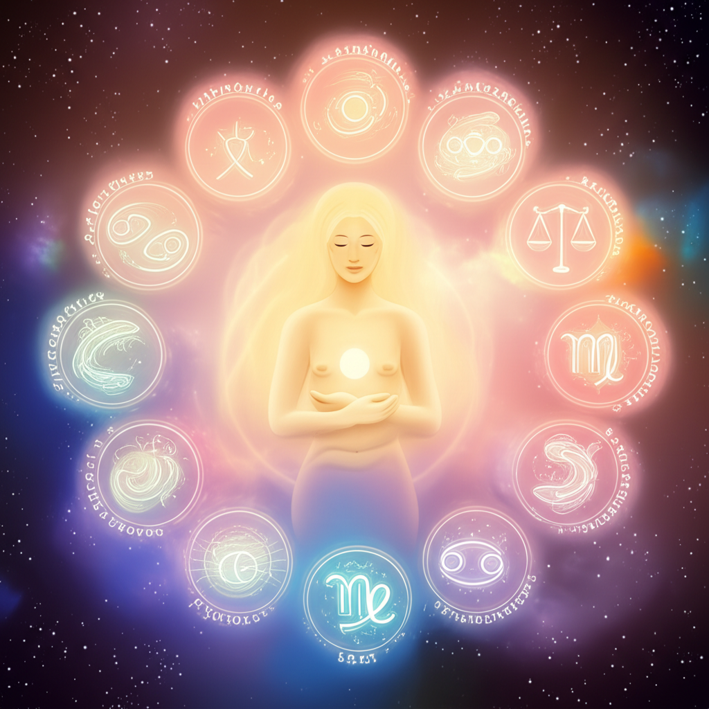 Иллюстрация, символизирующая самый добрый знак зодиака, окруженный другими знаками, каждый из которых проявляет свою уникальную форму доброты в гармоничном космическом танце.