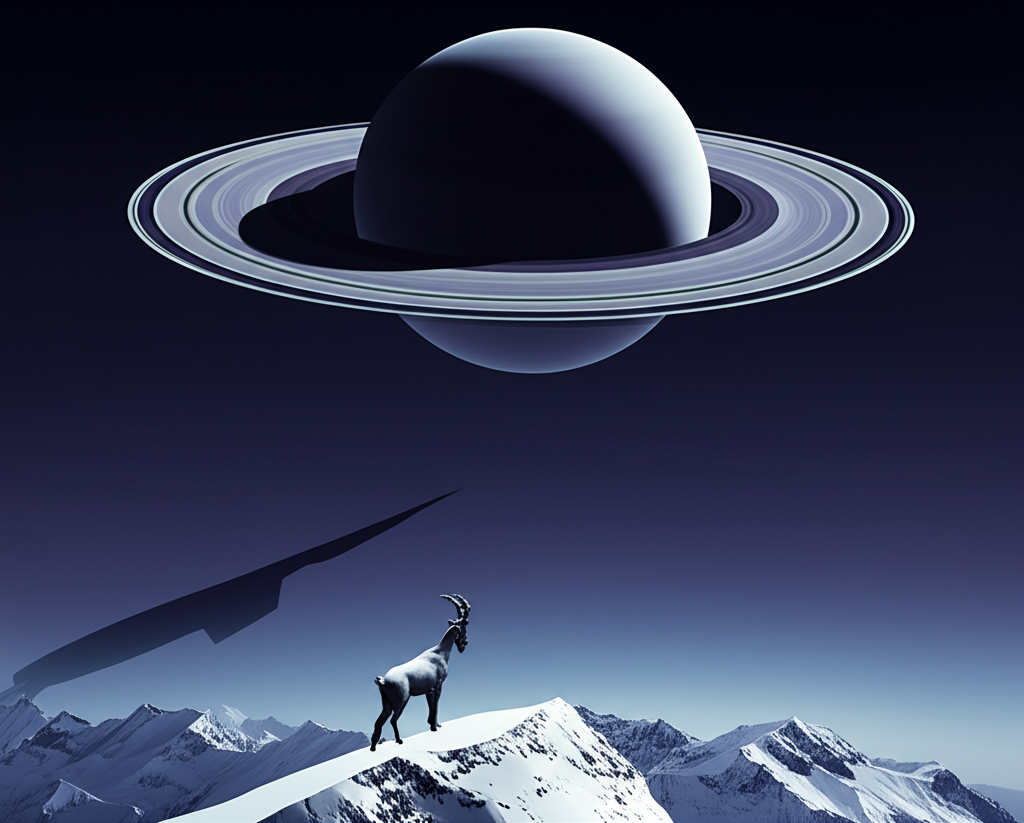 Изображение планеты Сатурн с ее кольцами, под которой козерог терпеливо взбирается на скалистую гору, символизируя сатурн как правитель козерога и его влияние на характер.