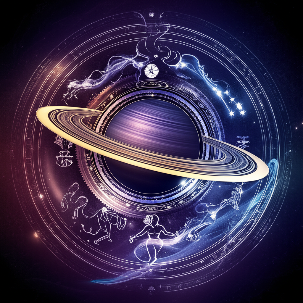 Иллюстрация, символизирующая сатурн как традиционный правитель водолея, показывающая Сатурн с его кольцами и символы Водолея, объединенные в древней астрологической карте.