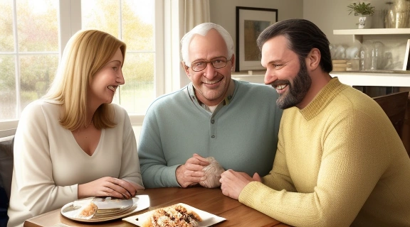 Счастливый отец с радостью принимает подарки от детей в Счастливого дня отца, окруженный любящей семьей.