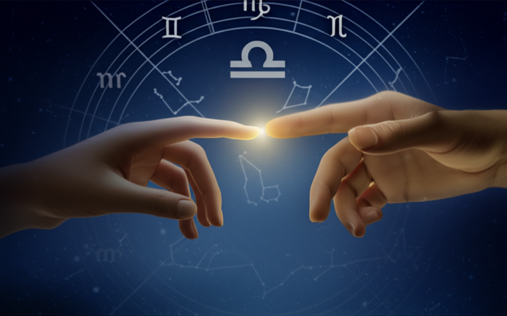 Астрологическая карта, где выделен седьмой дом партнёрства и брак на фоне звёздного неба и двух рук, символизирующих союз.