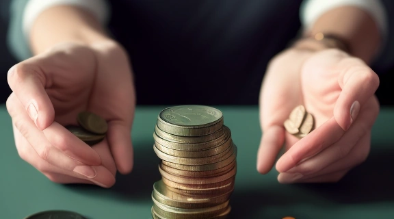 Руки человека аккуратно складывают монеты и купюры, символизируя секреты экономии и финансовое планирование.