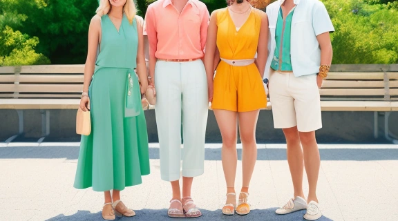 Группа людей в стильной летней одежде наслаждается прогулкой, демонстрируя секреты летнего стиля и непринужденные образы.