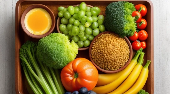 Разнообразный набор свежих продуктов для здорового рациона, демонстрирующий Секреты правильного питания