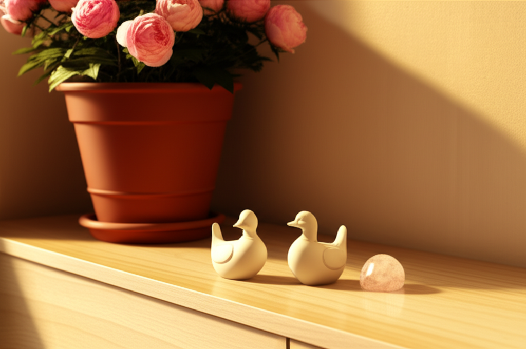 Гармонично оформленный сектор любви и брака с парными талисманами и кристаллами.