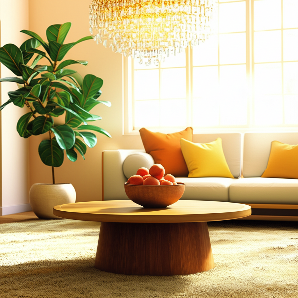 Гармонично обустроенный сектор здоровья по фэн-шуй в центре гостиной с элементами Земли и Огня.