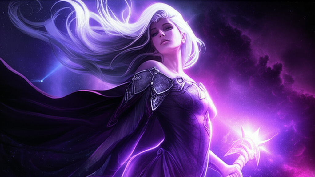 Эпический арт, на котором изображена Селена Звездный Защитник на фоне космоса