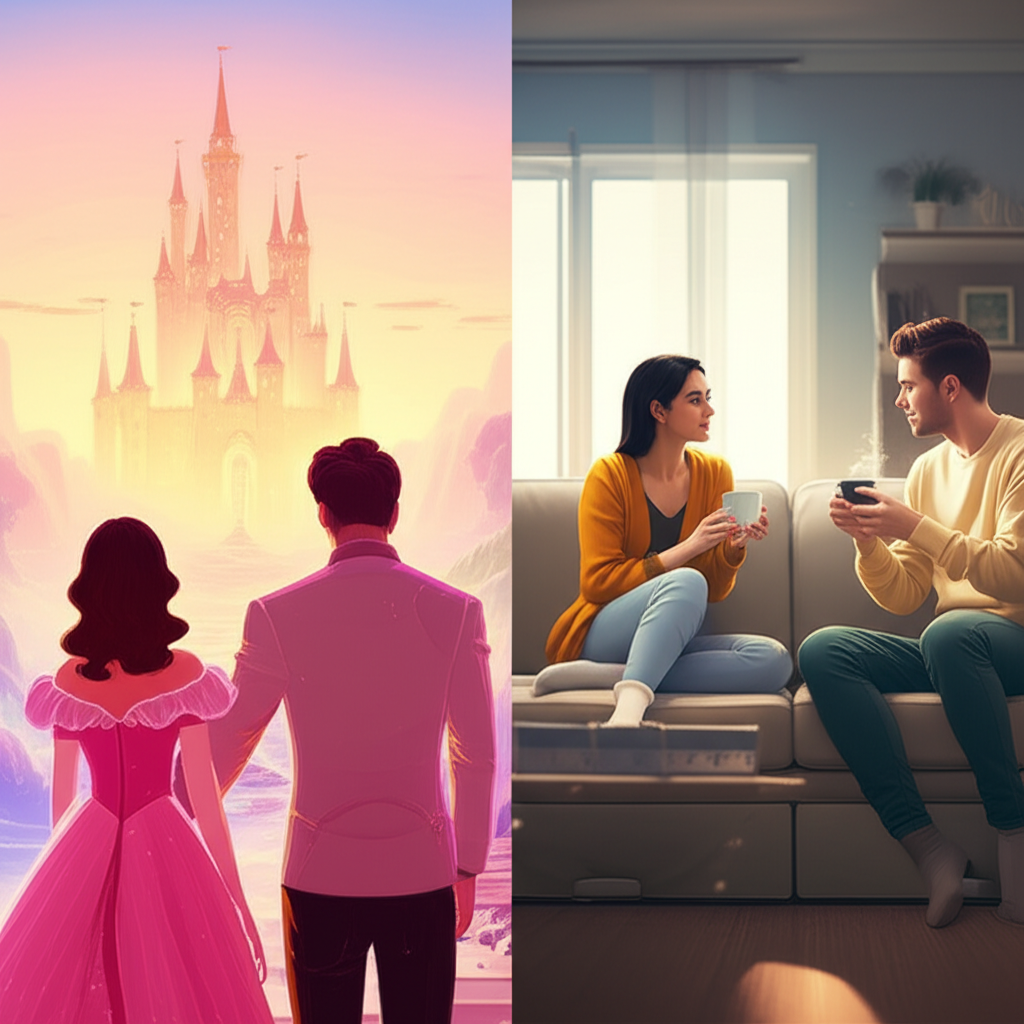 Иллюстрация, где семейные отношения сказки и реальность показаны через контраст вымышленного замка и уютной квартиры.